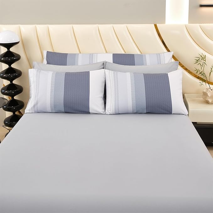 RYNGHIPY Queen Size Bed Sets 8 Pieces: Light Grey Stripe Bedding Comforter Sets Soft Fluffy Microfiber Bed in A Bag All Season Bedding Set (Queen,Light Grey)