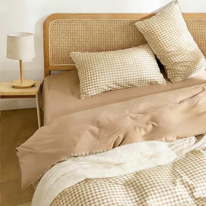 ETDIFFE Brown Comforter Set Queen Size, 3 Piece Tan Gingham Grid Bed Set - Soft and Lightweight Buffalo Checkered Plaid Microfiber Down Alternative Comforter (90x90)
