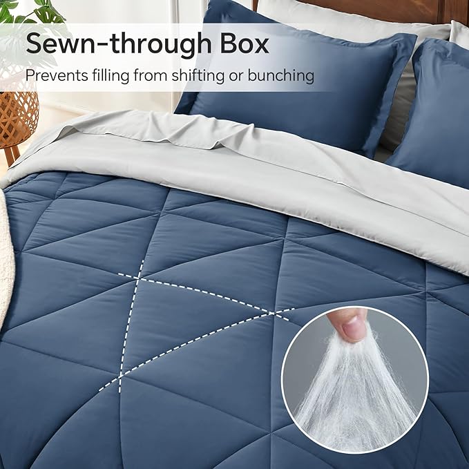 BEDELITE King Size Comforter Set 7 Pieces Bed in A Bag - Soft Microfiber Reversible Calm Blue Bed Set with Comforters, Sheets, Pillowcases & Shams, Cozy Luxury Bedding Sets for All Season