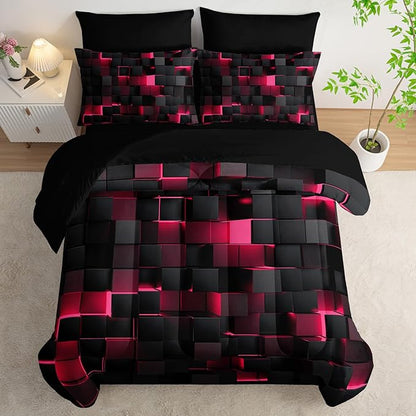 Geometric Pink Black King Comforter Set,Light Honeycomb Bedding Set 7 Piece in A Bag,Bed Sheet Set Geometry Decor,Microfiber Lightweight All Season