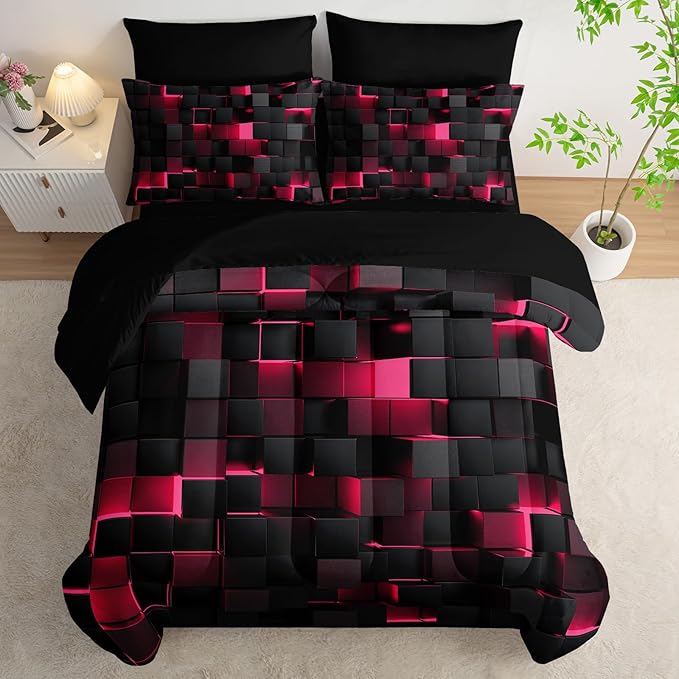 Geometric Pink Black Twin Comforter Set,Light Honeycomb Bedding Set 7 Piece in A Bag,Bed Sheet Set Geometry Decor,Microfiber Lightweight All Season