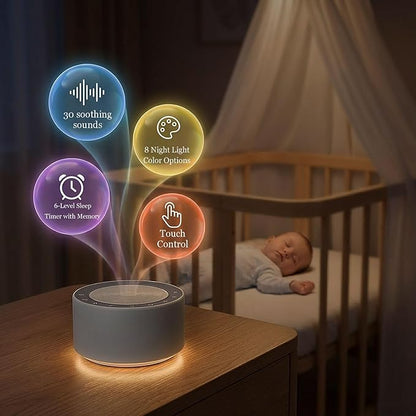 Kipcush White Noise Machine with Night Light – Nursery Sound Machine with Soft Non-Glare Lamp, 30 Soothing Sounds, 8 Color Lights, Up to 8-Hour Timer for Baby & Adults