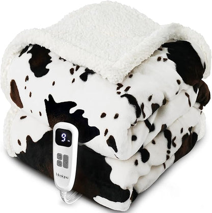 Heated Blanket Throw Blanket - Fast Heating Electric Blanket, Soft Flannel Heated Throw with 10 Time Settings,10 Heating Settings, Warm Gifts for Women & Mom & Grandma(50"x60"Cow Print White)