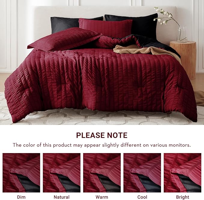 MUXHOMO 5 Pieces Twin Comforter Set, Seersucker Bed in a Bag Twin Size, All Season Luxury Bedding Set with Comforter, Flat Sheet, Fitted Sheet, Pillowcase & Sham, Red & Black