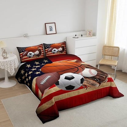 Feelyou Baseball Sports Comforter Set Queen Size Football Comforter for Boys Girls Teens Ball Game Bedding Set Basketball Duvet Set Room Decor Red Brown Mixed Ball Quilt Set