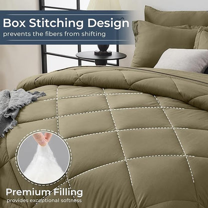 HEVUMYI Olive Green Twin Comforter Set - 5-Piece All Season Bed in a Bag Twin, Ultra Soft Bedding Set with Comforter, Flat Sheet, Fitted Sheet, Pillowcases, Pillow Shams, Olive Green
