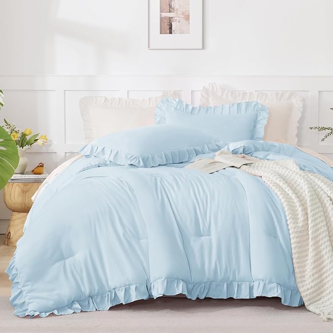 Andency Light Blue Ruffle Comforter Twin XL(68x92Inch), 2 Pieces(1 Ruffled Comforter and 1 Pillowcase) Solid Farmhouse Shabby Chic Bed, Vintage Rustic Soft Microfiber Bedding Set