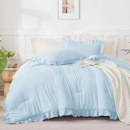 Andency Light Blue Ruffle Comforter Twin XL(68x92Inch), 2 Pieces(1 Ruffled Comforter and 1 Pillowcase) Solid Farmhouse Shabby Chic Bed, Vintage Rustic Soft Microfiber Bedding Set