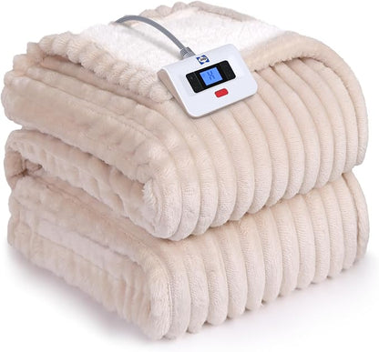 Sealy Electric Blanket Full Size, Soft Ribbed Flannel to Sherpa Reversible Heated Blanket with 10 Heat Settings & 1-12 Hours Auto-Off Overheat Protection, Machine Washable, 72"x84" Beige