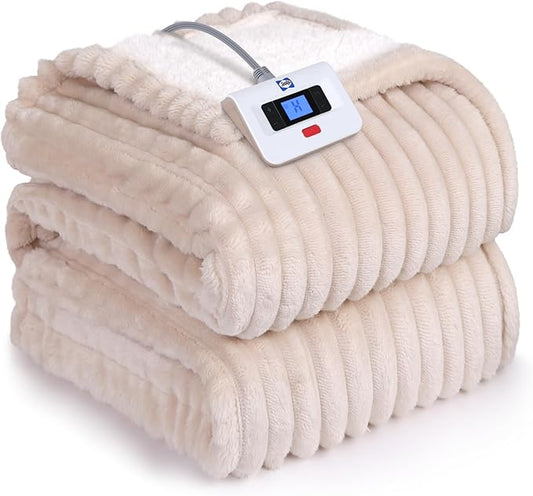Sealy Electric Blanket Full Size, Soft Ribbed Flannel to Sherpa Reversible Heated Blanket with 10 Heat Settings & 1-12 Hours Auto-Off Overheat Protection, Machine Washable, 72"x84" Beige