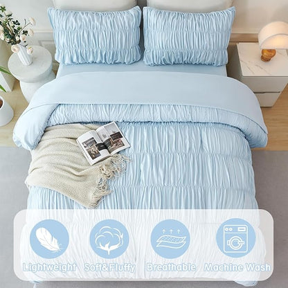 PERFEMET Twin Size Bed in a Bag Light Blue 5 Pieces Fluffy Boho Ruched Comforter with Sheets Luxury Soft Pleated Texture Bedding Comforter Set All Season Lightweight Vintage Ruffle Bed Sets, 68"x90"