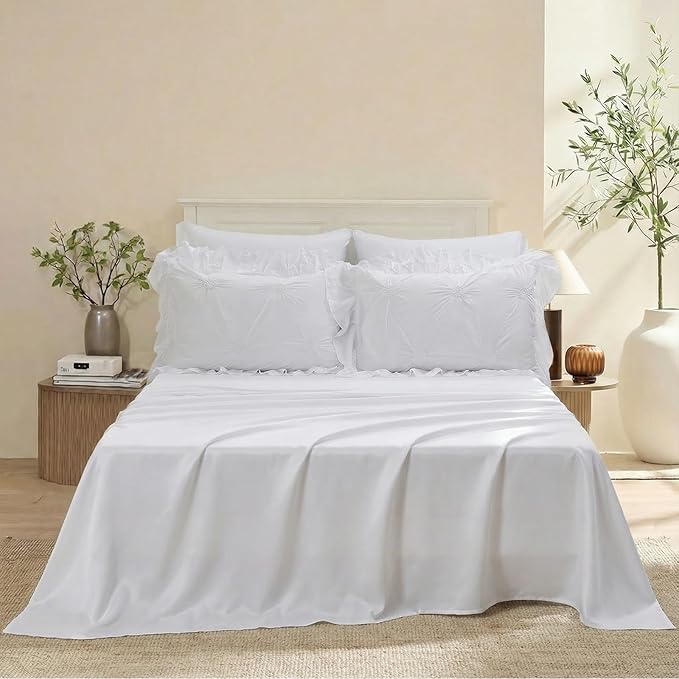 Bedbay White Ruffle Comforter Set Queen Size Boho Comforter Ruched Bedding 9 Pcs Queen Bed in a Bag Pintuck Pinch Pleat Bedding Set Elegant Ruffle Farmhouse Bed Set for All Seasons