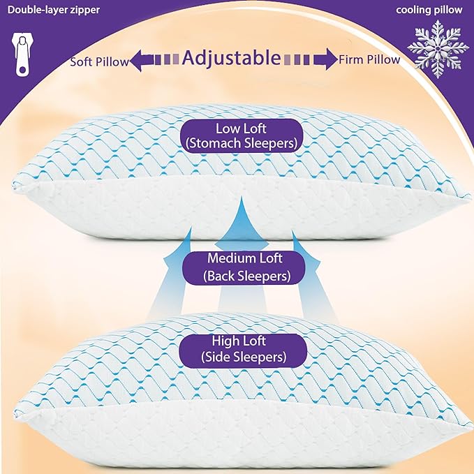 Memory Foam Pillows Standard Size Set of 2, Adjustable Cooling Firm Pillow for Side Back Stomach Sleepers with Washable Removable Cover