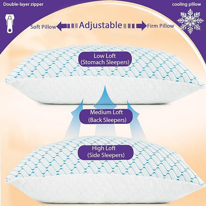 Memory Foam Pillows King Size Set of 2,Adjustable Cooling Firm Pillow for Side Back Stomach Sleepers with Washable Removable Cover