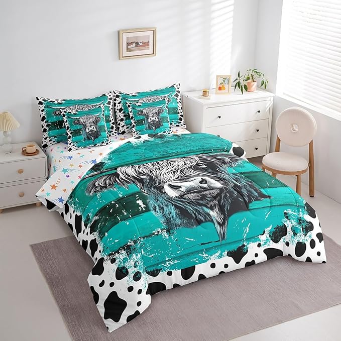Erosebridal Highland Cow 7 Piece Bedding Set Queen Size,Rustic Cowhide Bed in a Bag,Cow Pattern Bed Set Includes Comforter, Sheet Set, Pillowcases & Pillow Covers All Season Bedroom Decor
