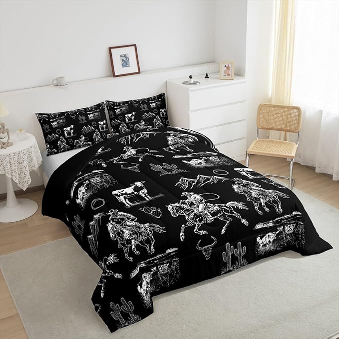 Erosebridal Western Cowboy Bedding Toddler Black White Horse Cow Print Comforter Set for Kids Boys Teen Men Country Wild West Bedding Comforter Sets Desert Cactus Quilt Duvet Rustic Room Decor