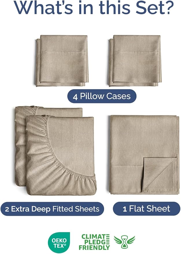 Extra Deep Split King Sheet Set - 7 Piece Breathable and Cooling Sheets - Hotel Luxury Bedding for Women, Men, Kids & Teens - Secure Fit - Soft and Wrinkle Free - Extra Deep Pockets - Heathered Beige