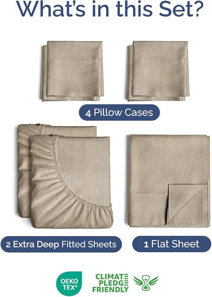 Extra Deep Split King Sheet Set - 7 Piece Breathable and Cooling Sheets - Hotel Luxury Bedding for Women, Men, Kids & Teens - Secure Fit - Soft and Wrinkle Free - Extra Deep Pockets - Heathered Beige