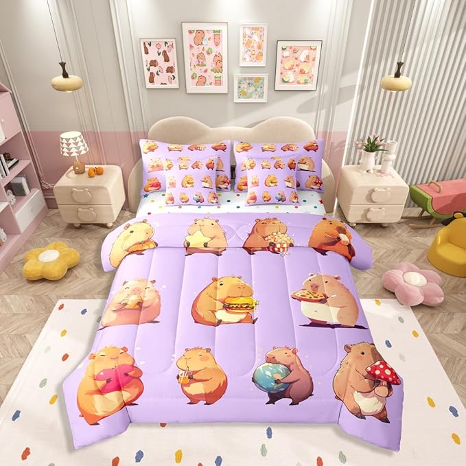 Erosebridal Funny Capybaras 7 Pieces Bedding Set Full,Capybara Lover Bed in a Bag,Cartoon Rodents Bed Set Includes Comforter,Sheet Set,Pillowcases & Pillow Covers,Purple Khaki Capybara Bedroom Decor