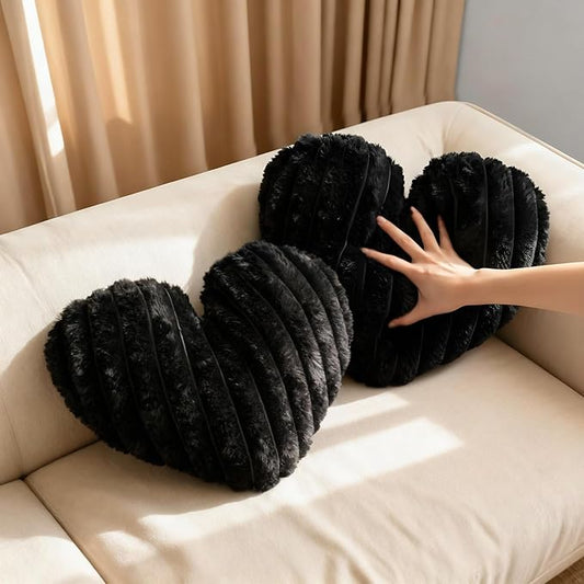 2 Pcs Black Heart Throw Pillows, 16 Inch Soft Fluffy Heart-Shaped Comfort Pillows with Calming Texture, Hug Pressure for Relaxing Moments, Ideal for Sofa, Reading, and Naps (Black)