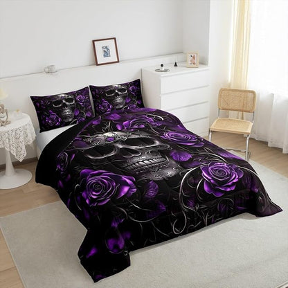 Erosebridal Gothic Skull Bedding for Adluts Kids Teens Halloween Goth Comforter Full Size Vintage Victorian Romantic Purple Rose Floral Quilt Spooky Grunge Skeleton Boho Horror Bedding,Gothic Decor