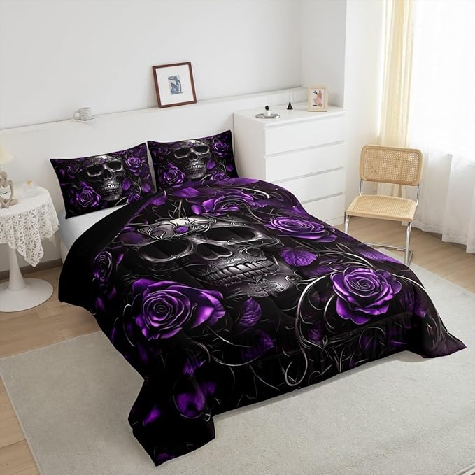 Erosebridal Gothic Skull Bedding for Adluts Kids Teens Halloween Goth Queen Comforter Set Vintage Victorian Romantic Purple Rose Floral Quilt Spooky Grunge Skeleton Boho Horror Bedding,Gothic Decor