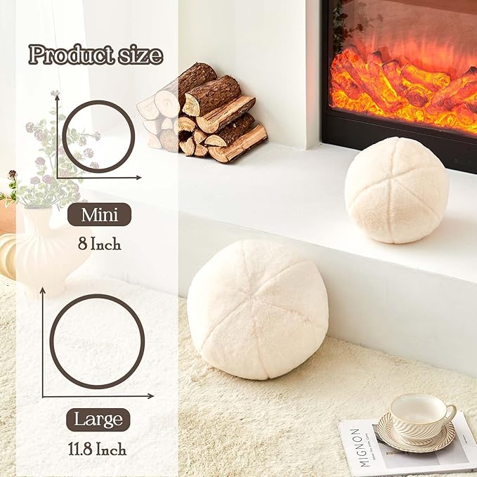Uvvyui Ivory Ball Pillow, 8" Cute Mini Round Throw Pillow Faux Rabbit Fur Room Decorative Throw Pillow, Ball Shaped Pillow Plush Cushion for Couch, Sofa, Bedroom