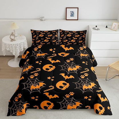 Erosebridal Cute Orange Halloween Toddler Comforter Spider Web Skull Bat Bedding Set Spooky Goth Gothic Animal Duvet Insert Horror Halloween Bed Sets for Kids Teens Adults