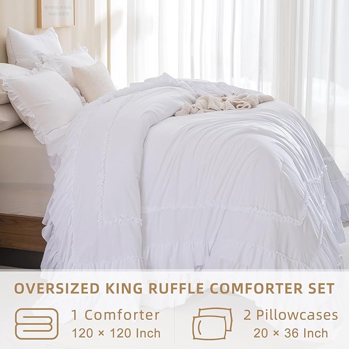 QSH Oversized King Comforter Set 120x120, White Farmhouse Ruffled Bed Comforter Shabby French Country Rustic Vintage Bedding Comforter Microfiber Soft Lightweight Fluffy Bedding 3 PCs