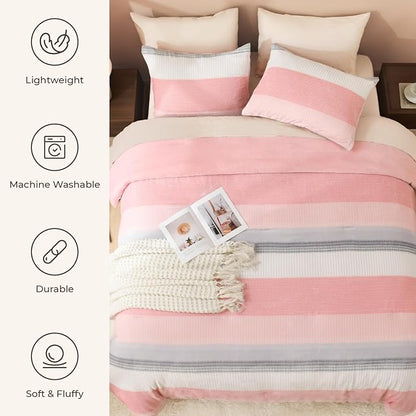 Litanika Fluffy Fleece King Size Comforter Set, Luxury Soft Plush Fuzzy Blush Stripe Bedding Comforter Sets, Warm Shaggy Faux Fur Bed Set All Season (1 Comforter, 2 Pillowcases)