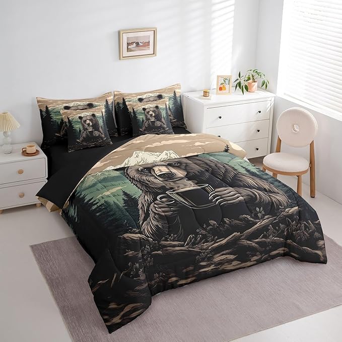 Erosebridal Funny Bear Comforter Sets with Sheets, Brown Bear Drinking Coffee Bedding Set Twin for Boys Girls Rustic Wildlife 7Pcs Bed in A Bag Watercolor Wooden Animal Theme Bed Set