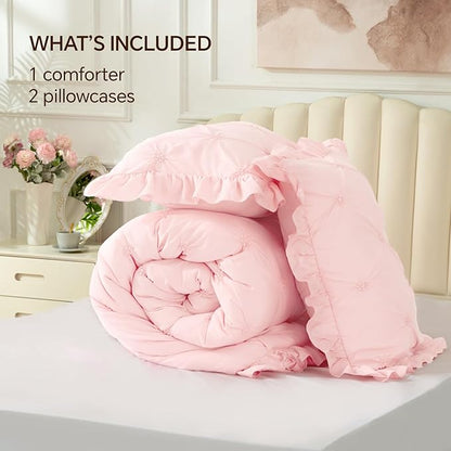 BEDELITE Baby Pink Twin Comforter Set - 2 Peices Boho Ruffle Pintuck Bedding Comforter Sets, Lightweight Soft & Warm Twin Bedding Sets with 1 Pillowcase for All Season