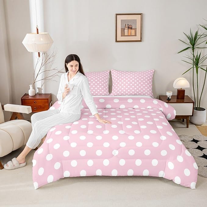 Manfei Polka Dots Comforter Set Twin Size,Cartoon French Style Princess Pink White Bedding Set 2 Pcs for Girls,Modern Geometric Circles Abstract Simple Art Comforter,1 Pillowcase