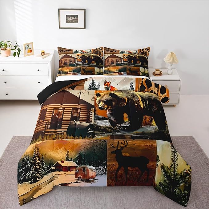 Erosebridal Rustic Lodge Comforter Set Toddler Size Bear Deer Fox Cabin Bedding Set for Kids Teens Adult | Country Woodland Animals Duvet Insert Vintage Barn Pine Trees Brown Black Quilt,2 Piece