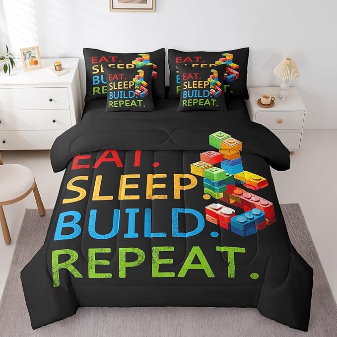 Feelyou Colorful Toy 7 Piece Bedding Set Teen Women Men Funny Building Blocks Decoration Comforter Set with Sheets King Size Kids Boys Cute Games Bed in a Bag Colorful Geometric Brick Room Decor