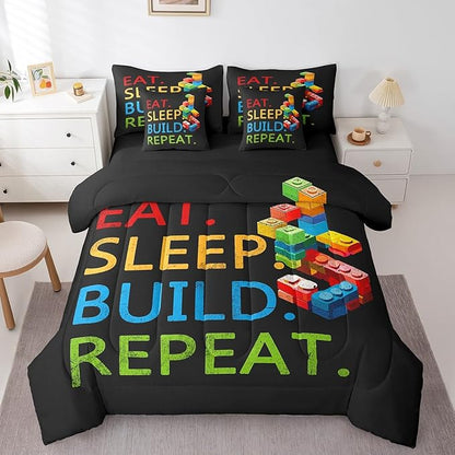 Feelyou Colorful Toy 7 Piece Bedding Set Teen Women Men Funny Building Blocks Decoration Comforter Set with Sheets King Size Kids Boys Cute Games Bed in a Bag Colorful Geometric Brick Room Decor