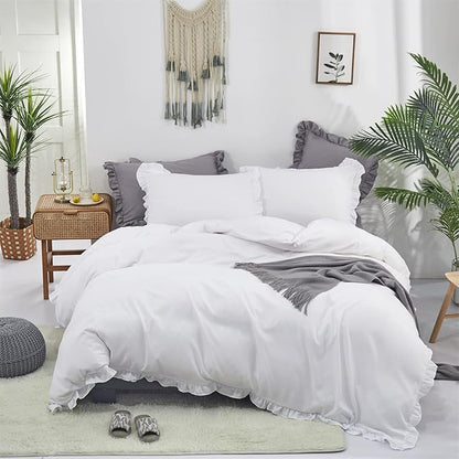 Cottonight White Comforter Set Queen Ruffle Bedding Comforter Set Farmhouse Boho Ruffles White Blanket Quilts Soft Breathable Bedding Set for Queen Bed