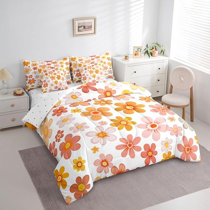 Erosebridal Groovy Flower 7 Piece Comforter Set King | Vintage Floral Bed in A Bag Geometric Hippie Garden Funky Sheet Set Breathable Lightweight Pastoral Style Fitted Sheet Reversible