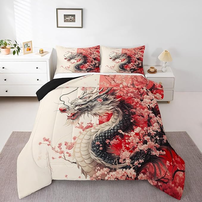 Erosebridal Girls Dragon Comforter Set Full Size, Japanese Style Animal Down Comforter Cherry Blossoms Sakura Bedding Set Ancient Wildlife Quilt for Kids Teens Adult Women Bedroom Decor, Pink