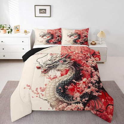 Erosebridal Girls Dragon Comforter Set Full Size, Japanese Style Animal Down Comforter Cherry Blossoms Sakura Bedding Set Ancient Wildlife Quilt for Kids Teens Adult Women Bedroom Decor, Pink