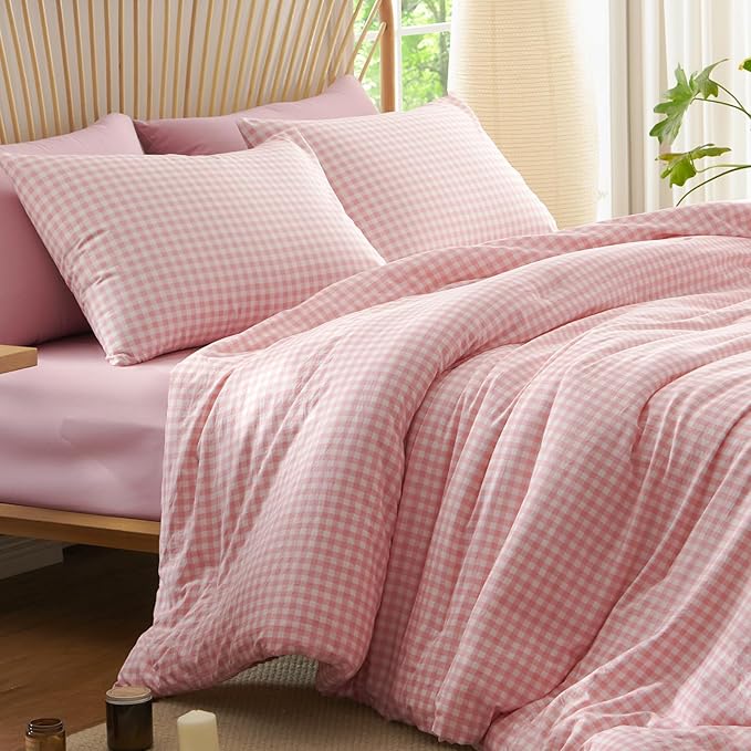 Nayoroom Pink Gingham Comforter Set Twin Size Plaid Checkered Dorm Bedding Set Girls 2 Pieces Soft Lightweight Grid Comforter for All Seasons (1 Comforter, 1 Pillowcase)