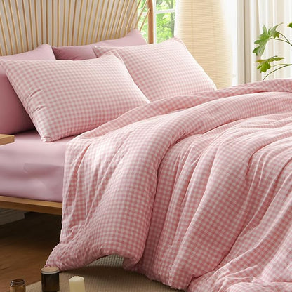 Nayoroom Pink Gingham Comforter Set Twin Size Plaid Checkered Dorm Bedding Set Girls 2 Pieces Soft Lightweight Grid Comforter for All Seasons (1 Comforter, 1 Pillowcase)