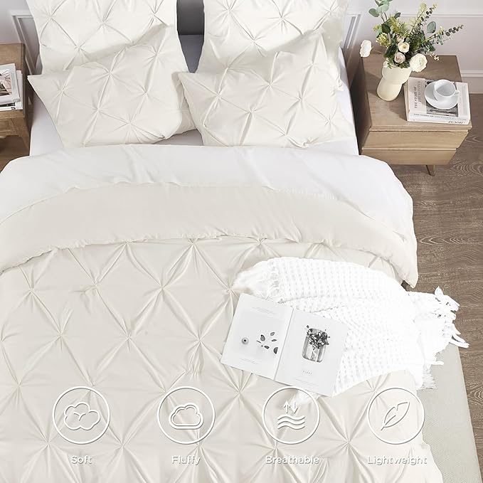 Andency California King Comforter Set Ivory (104x96Inch), Pinch Pleat Cal King Comforter Set 3 Pieces, Oversized King Pintuck Bed Comforter, Microfiber Down Alternative Comforter Bedding Set