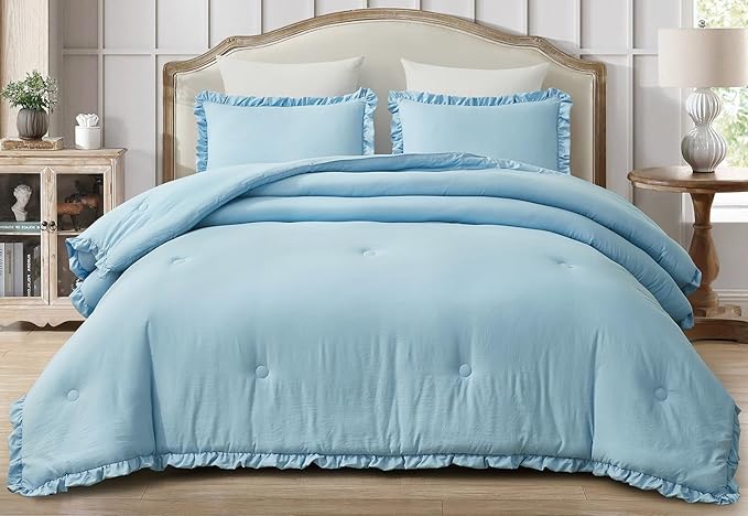 Chezmoi Collection Nora Chambray Blue Comforter Set King Size 3-Piece Fluffy Soft Lightweight Bedding Ruffled Edge Trim Stone-Washed Microfiber Comforter Set for All Season