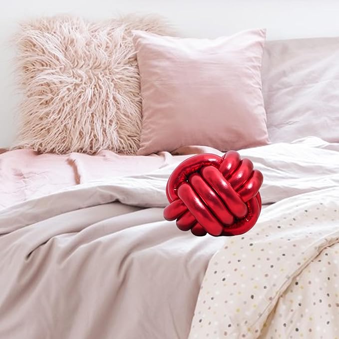 FQQWEE Soft Knot Ball Pillows, Handmade Knotted Ball Throw Pillow, Woven Round Throw Pillow, Gold Knot Pillow, Plush Throw Pillows for Home Room Sofa Couch Bed(Red)
