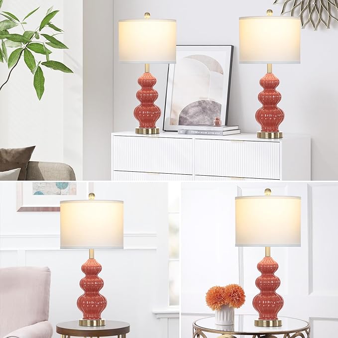 26" Triple Gourd Ceramic Table Lamps Set of 2,Modern Orange Bedside Lamps USB A+C Ports & AC Outlet -Ceramic Nightstand Lamps for Bedroom, 3 Way Touch Control Contemporary Living Room End Tables