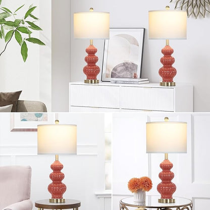 26" Triple Gourd Ceramic Table Lamps Set of 2,Modern Orange Bedside Lamps USB A+C Ports & AC Outlet -Ceramic Nightstand Lamps for Bedroom, 3 Way Touch Control Contemporary Living Room End Tables