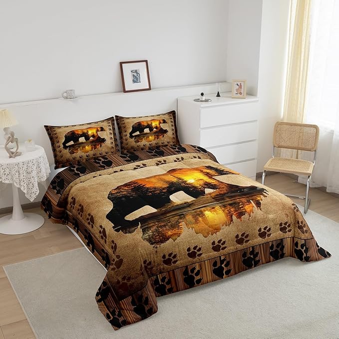 Feelyou Bear Comforter Set Queen Size Farmhouse Wild Animal Comforter Retro Rustic Woodland Bedding Set for Kids Boys Girls Brown Bear Paws Print Duvet Set Rustic Bedroom Decor Quilted Set 3Pcs