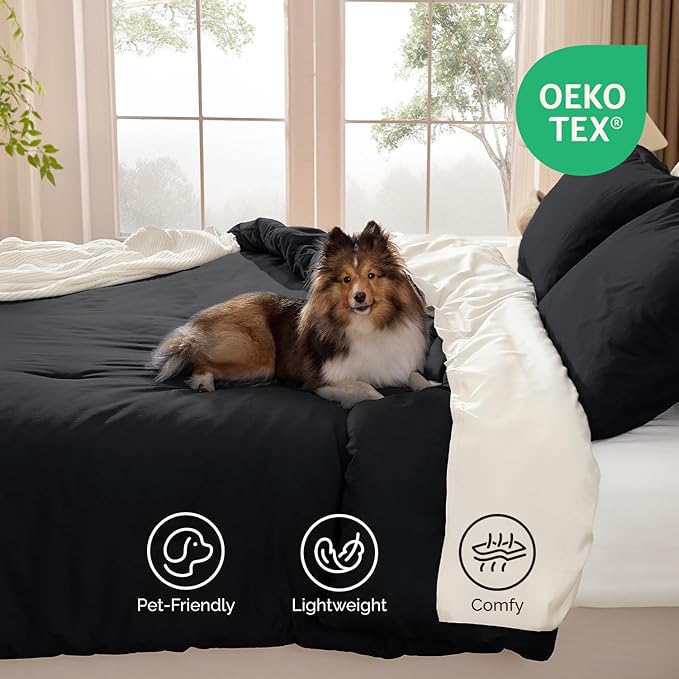 Andency Black Comforter Set Queen, 3 Pieces Lightweight Solid Bed Comforter for Men Women, All Season Soft Microfiber Down Alternative Comforter Set