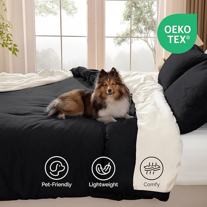 Andency Black Comforter Set Queen, 3 Pieces Lightweight Solid Bed Comforter for Men Women, All Season Soft Microfiber Down Alternative Comforter Set